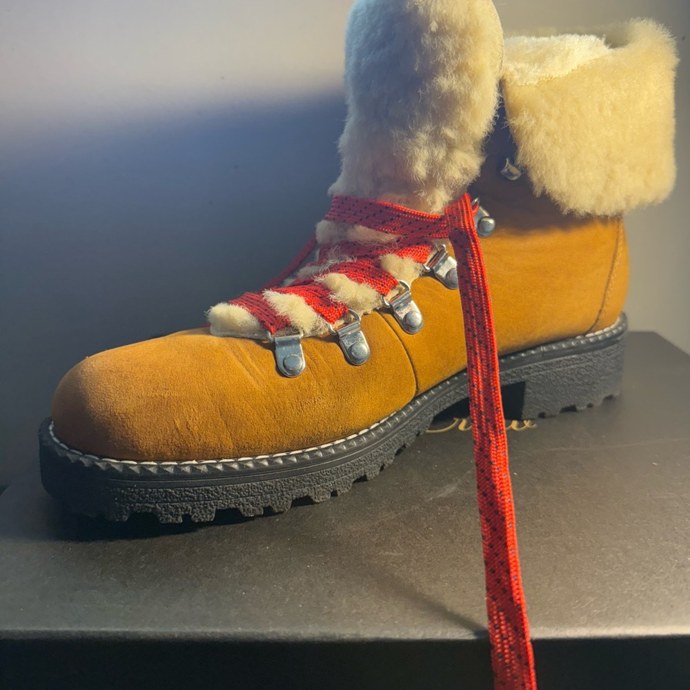 J. Crew Tan Winter Boots with Red Laces